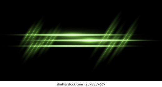 Green horizontal lensflare. Light flash with rays or green spotlight. Glow flare light effect. Vector illustration. Isolated on dark transparent background. 