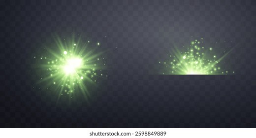 Green horizontal lensflare. Light flash with rays or green spotlight. Glow flare light effect. Vector illustration. Isolated on dark transparent background. 