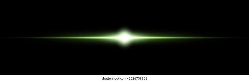 Llamarada de lente Horizontal verde. Flash de luz con rayos o foco verde. Efecto de luz de destello brillante. Ilustración vectorial. Aislado sobre fondo negro. 