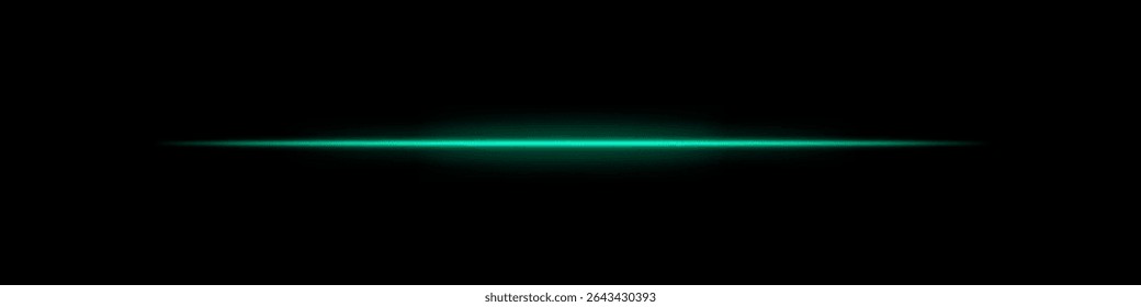 Green horizontal light beam. Bright laser stripe with soft glow and fading edges on dark background. Perfect for sci-fi, transitions, futuristic flares, or abstract light effects.