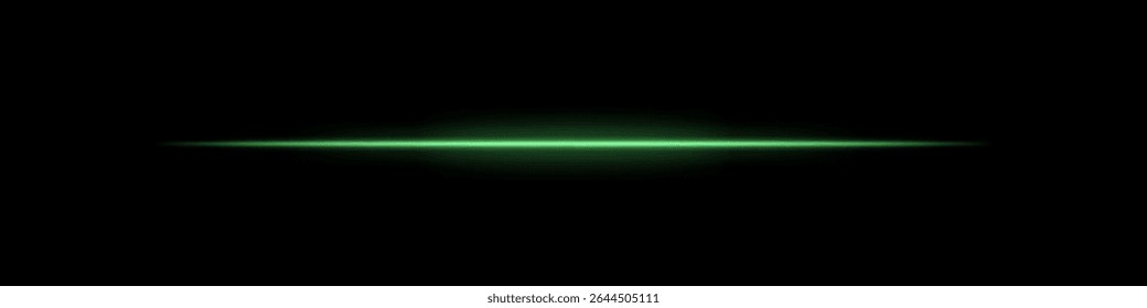Grüner horizontaler Lichtstrahl. Heller Laserstreifen mit weichem Glanz und verblassenden Kanten auf dunklem Hintergrund. Perfekt für Science-Fiction, Übergänge, futuristische Fackeln oder abstrakte Lichteffekte.