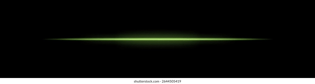Green horizontal light beam. Bright laser stripe with soft glow and fading edges on dark background. Perfect for sci-fi, transitions, futuristic flares, or abstract light effects.