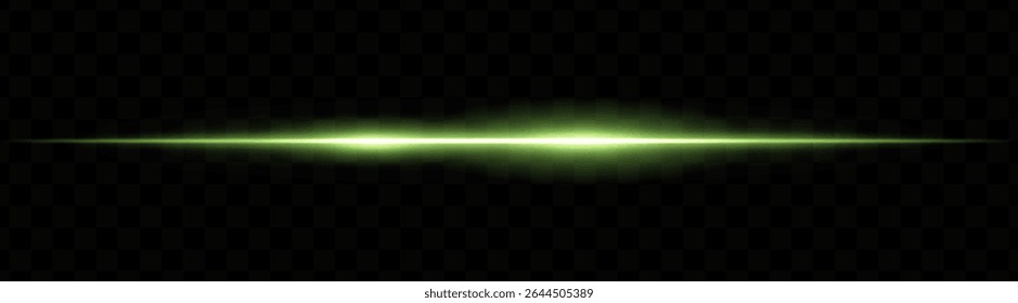 Green horizontal light beam with dual bright glows and soft blur on transparent background. Futuristic energy stripe ideal for sci-fi visuals, HUDs, or glowing tech overlays.