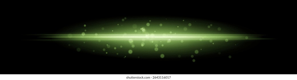 Green horizontal light beam with glowing dust particles and radiant motion blur on black background. Perfect for fantasy transitions, luxury effects, or magical digital overlays.