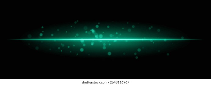 Green horizontal light beam with glowing dust particles and intense aura on transparent background. Dynamic sci-fi flare ideal for energy effects, laser HUDs, or dramatic transitions.