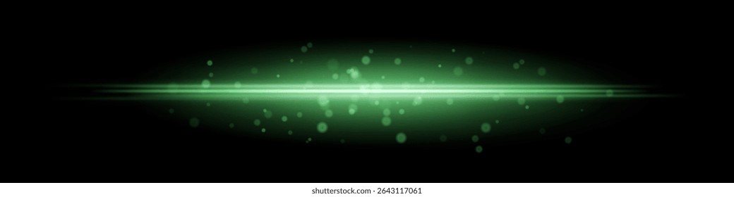 Green horizontal light beam with glowing dust particles and radiant motion blur on black background. Perfect for fantasy transitions, luxury effects, or magical digital overlays.