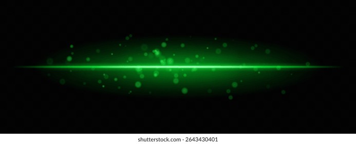 Green horizontal light beam with glowing dust particles and intense aura on transparent background. Dynamic sci-fi flare ideal for energy effects, laser HUDs, or dramatic transitions.