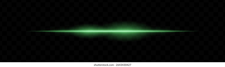 Haz de luz Horizontal verde con núcleo brillante y bordes borrosos suaves sobre fondo transparente. Ideal para transiciones de ciencia ficción, Elementos HUD láser o efectos de brillo futuristas.