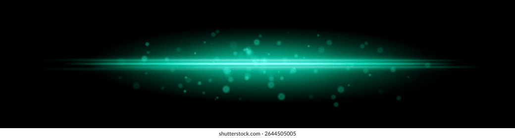 Green horizontal light beam with glowing dust particles and radiant motion blur on black background. Perfect for fantasy transitions, luxury effects, or magical digital overlays.