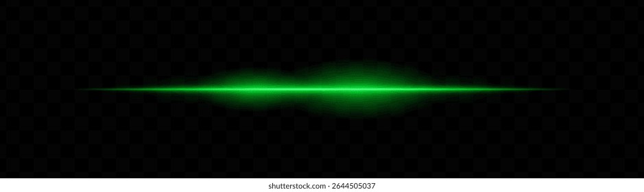 Green horizontal light beam with glowing core and smooth blur edges on transparent background. Ideal for sci-fi transitions, laser HUD elements, or futuristic glow effects.