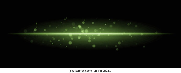 Green horizontal light beam with glowing dust particles and intense aura on transparent background. Dynamic sci-fi flare ideal for energy effects, laser HUDs, or dramatic transitions.