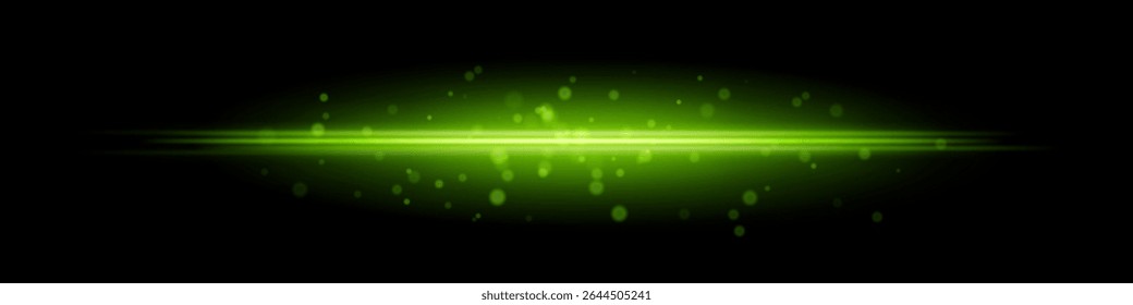 Green horizontal light beam with glowing dust particles and radiant motion blur on black background. Perfect for fantasy transitions, luxury effects, or magical digital overlays.