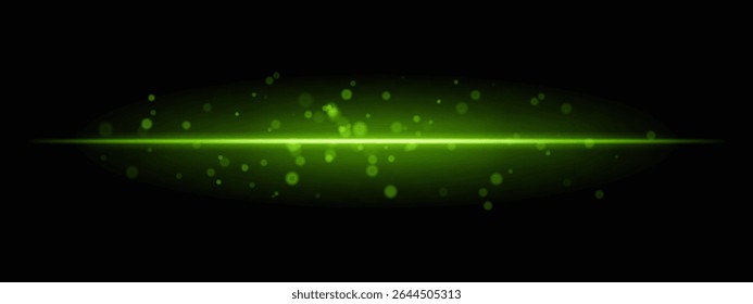 Green horizontal light beam with glowing dust particles and intense aura on transparent background. Dynamic sci-fi flare ideal for energy effects, laser HUDs, or dramatic transitions.