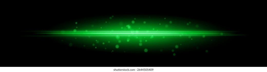 Green horizontal light beam with glowing dust particles and radiant motion blur on black background. Perfect for fantasy transitions, luxury effects, or magical digital overlays.