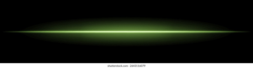 Green horizontal light beam. Sharp glowing laser line with radiant fade on both sides over dark background. Great for sci-fi, energy visuals, light effects, or futuristic transitions.