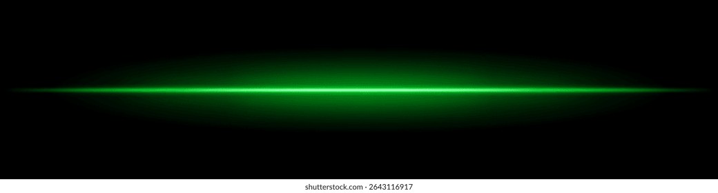 Green horizontal light beam. Sharp glowing laser line with radiant fade on both sides over dark background. Great for sci-fi, energy visuals, light effects, or futuristic transitions.