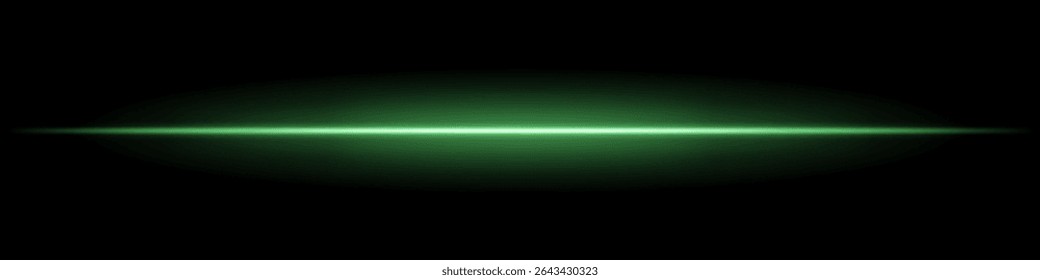 Green horizontal light beam. Sharp glowing laser line with radiant fade on both sides over dark background. Great for sci-fi, energy visuals, light effects, or futuristic transitions.