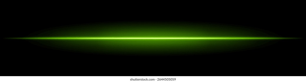 Green horizontal light beam. Sharp glowing laser line with radiant fade on both sides over dark background. Great for sci-fi, energy visuals, light effects, or futuristic transitions.