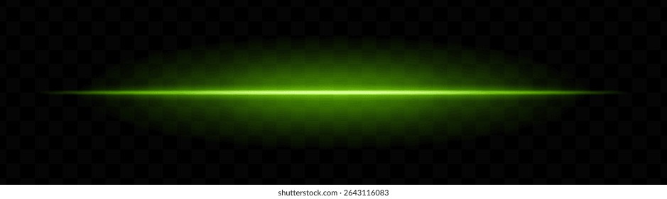 Green horizontal light beam with soft glow and vibrant aura on transparent background. Futuristic laser stripe ideal for energy effects, sci-fi transitions, or glowing overlays.