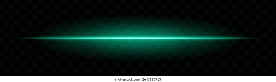 Green horizontal light beam with soft glow and vibrant aura on transparent background. Futuristic laser stripe ideal for energy effects, sci-fi transitions, or glowing overlays.