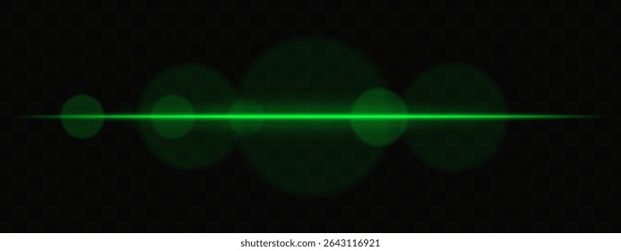 Green horizontal light beam with soft glare circles on transparent background. Clean cinematic lens flare for sci-fi, tech transitions, or bright glowing UI overlays.