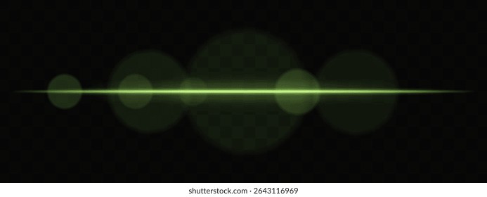 Green horizontal light beam with soft glare circles on transparent background. Clean cinematic lens flare for sci-fi, tech transitions, or bright glowing UI overlays.