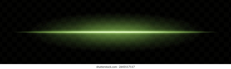 Green horizontal light beam with soft glow and vibrant aura on transparent background. Futuristic laser stripe ideal for energy effects, sci-fi transitions, or glowing overlays.