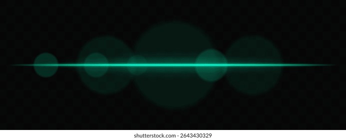 Feixe de luz horizontal verde com círculos suaves no fundo transparente. Exacerbação de lentes cinematográficas limpas para ficção científica, transições tecnológicas ou sobreposições brilhantes de interface do usuário com brilho.