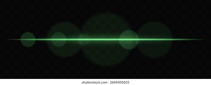 Feixe de luz horizontal verde com círculos suaves no fundo transparente. Exacerbação de lentes cinematográficas limpas para ficção científica, transições tecnológicas ou sobreposições brilhantes de interface do usuário com brilho.