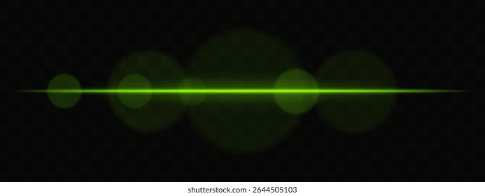 Feixe de luz horizontal verde com círculos suaves no fundo transparente. Exacerbação de lentes cinematográficas limpas para ficção científica, transições tecnológicas ou sobreposições brilhantes de interface do usuário com brilho.