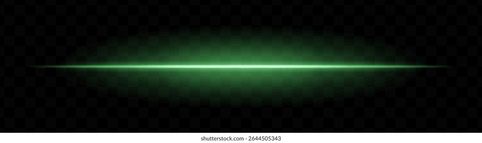 Feixe de luz horizontal verde com brilho suave e aura vibrante no fundo transparente. Faixa laser futurista ideal para efeitos de energia, transições de ficção científica ou sobreposições brilhantes.