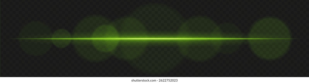 Green horizontal neon lens flare with glowing bokeh rings. Isolated laser beam effect perfect for digital HUD, warning lights, tech visuals, sci-fi interface.