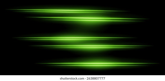 Green horizontal streaks. Multiple soft glowing lines with blur effect on black background, arranged vertically with smooth motion. Ideal for sci-fi, speed, abstract energy.