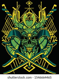 green horror Mecha skull Samurai Mask with cross katana Geometry Style for t shirt , poster ,stiker design