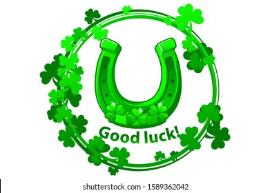 Green horseshoe and clover leaves for St. Patrick's Day. The inscription uci on a white background in shamrocks.