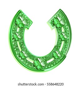 Green horseshoe with four-leaf clover on a white background. Vector illustration