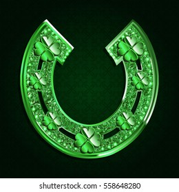 Green horseshoe with four-leaf clover on a dark background. Vector illustration