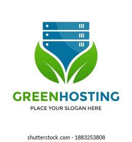 Green hosting or server vector logo template. This design use leaf symbol. Suitable for technology.