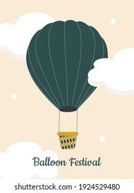 Green hot air balloon in a pink sky with white clouds. A simple postcard for those who like to fly. Balloon festival. Vector graphics.