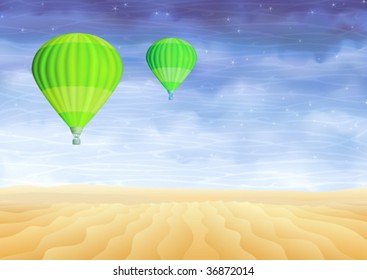 Green hot air balloons over a lifeless sand desert (ecological concept)