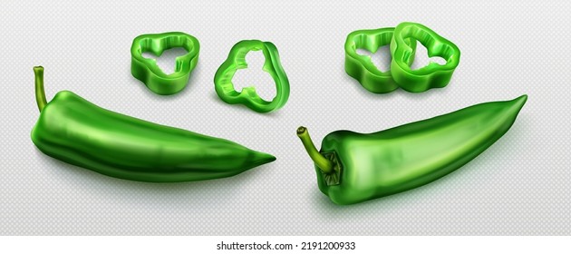 Green hot chili pepper, cayenne with slices, vector 3d illustration. Mexican spicy food, fresh chile pepper, chopped vegetable isolated on transparent background. 3D Illustration