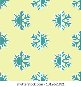 Green Hot and cold symbol. Sun and snowflake icon isolated seamless pattern on yellow background. Winter and summer symbol. Flat design. Vector Illustration