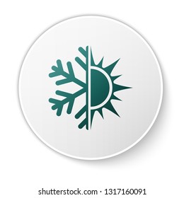 Green Hot and cold symbol. Sun and snowflake icon isolated on white background. Winter and summer symbol. Green circle button. Vector Illustration
