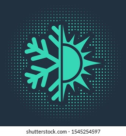 Green Hot And Cold Symbol. Sun And Snowflake Icon Isolated On Blue Background. Winter And Summer Symbol. Abstract Circle Random Dots. Vector Illustration