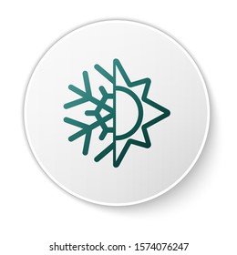 Green Hot and cold symbol. Sun and snowflake icon isolated on white background. Winter and summer symbol. White circle button. Vector Illustration