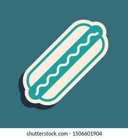 Green Hotdog sandwich with mustard icon isolated on blue background. Sausage icon. Fast food sign. Long shadow style. Vector Illustration