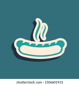 Green Hotdog sandwich with mustard icon isolated on blue background. Sausage icon. Fast food sign. Long shadow style. Vector Illustration