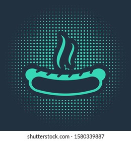 Green Hotdog sandwich with mustard icon isolated on blue background. Sausage icon. Fast food sign. Abstract circle random dots. Vector Illustration