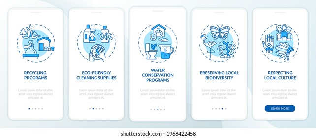 Green hotel features onboarding mobile app page screen with concepts. Eco friendly cleaning supply walkthrough 5 steps graphic instructions. UI, UX, GUI vector template with linear color illustrations