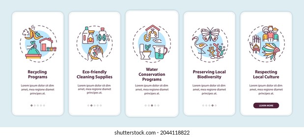 Green hotel features onboarding mobile app page screen with concepts. Recycling programs walkthrough 5 steps graphic instructions. UI, UX, GUI vector template with linear color illustrations
